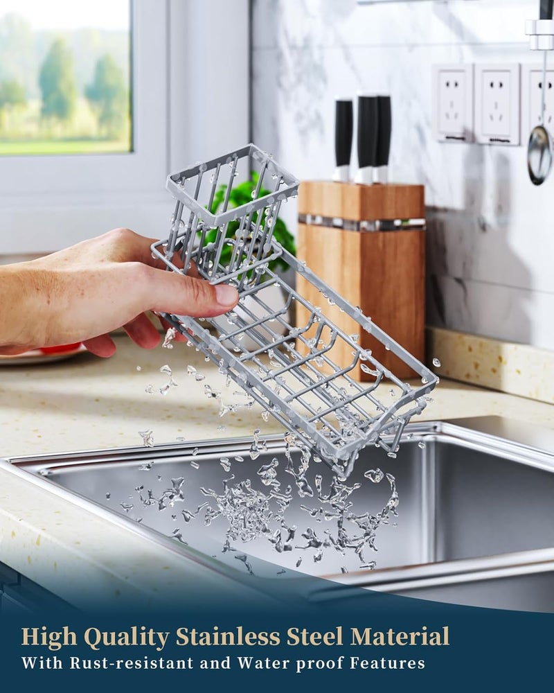 Consumest Sponge Holder for Kitchen Sink - Kitchen Sink Caddy Organizer with Removable Drip Tray for Countertop Dish Soap Dispenser Brush Storage Accessories 304 Stainless Steel, Grey - Image 5
